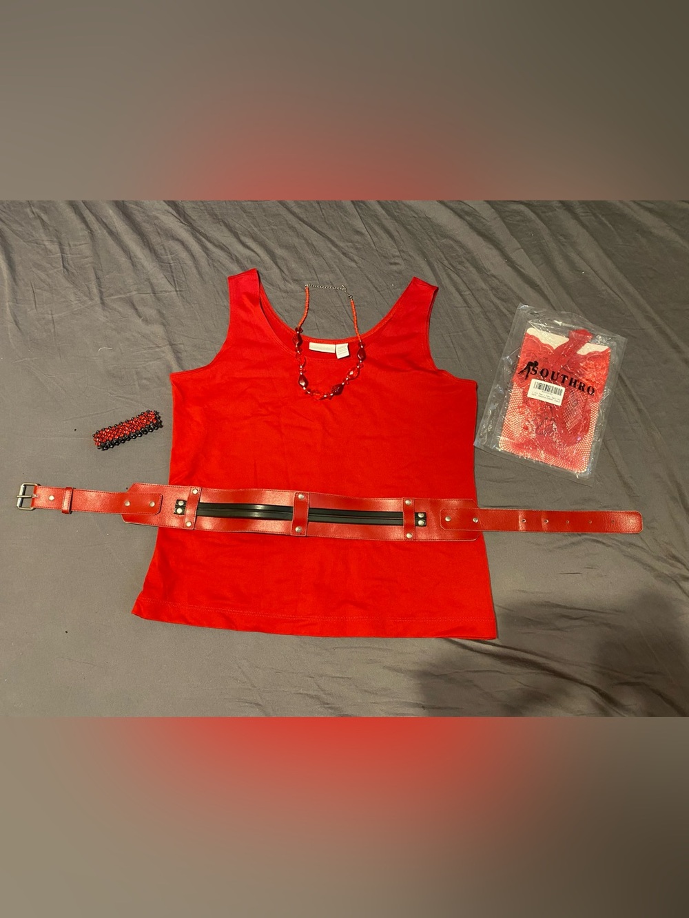 Red hot bundle- chicos stretch tank size 2, bracelet, necklace, belt, stockings